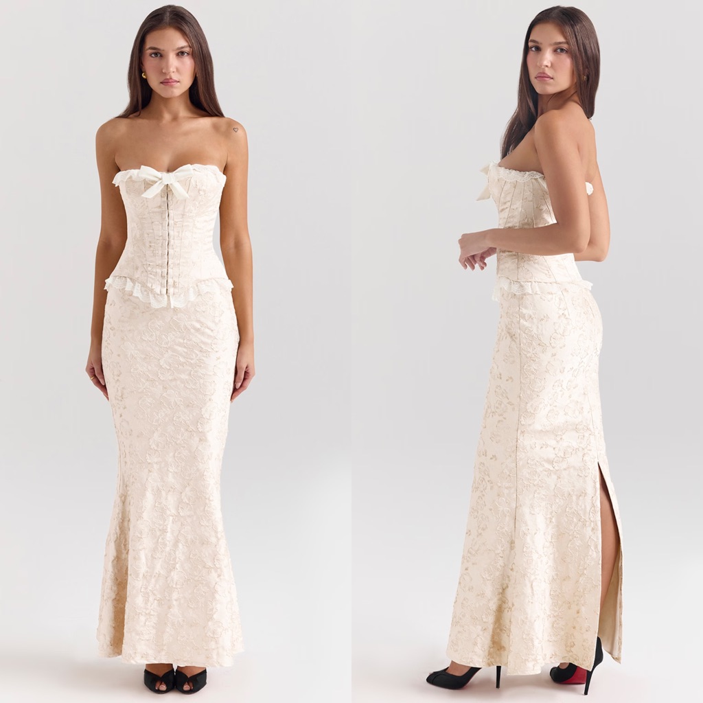 House Of Cb Cream Lace Strapless Maxi Skirt & Corset Set